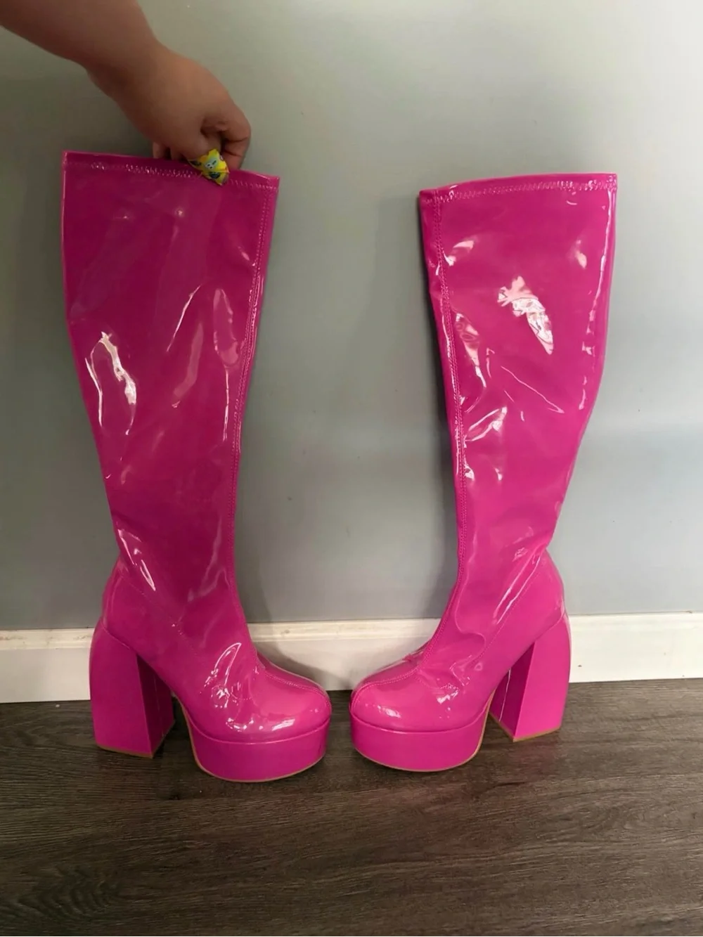 Patent Over-the-Knee Platform Boots in Hot Pink